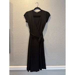 Banana Republic Womens XS Black Jersey Knit Short Sleeve V-Neck Midi Wrap Dress